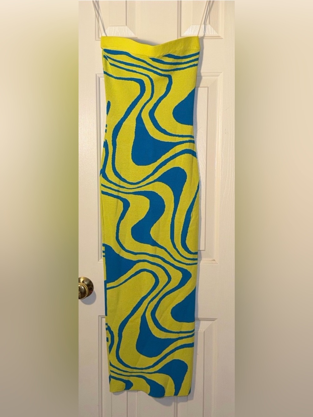Hera Collection Yellow Blue Abstract Swirl Strapless Knit Maxi Dress Size S
